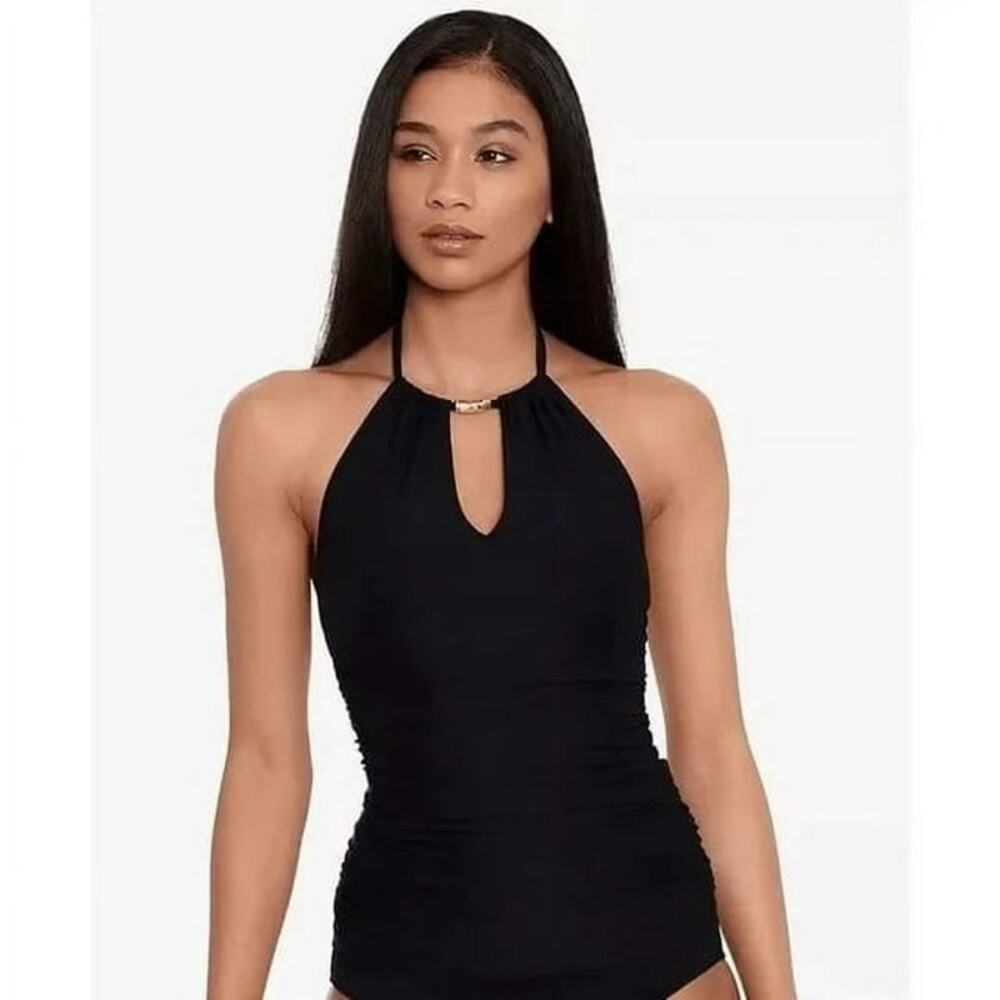 Lauren Ralph Lauren High Neck Tummy-Control Swim Tankini Top Swimwear Black Sz 8